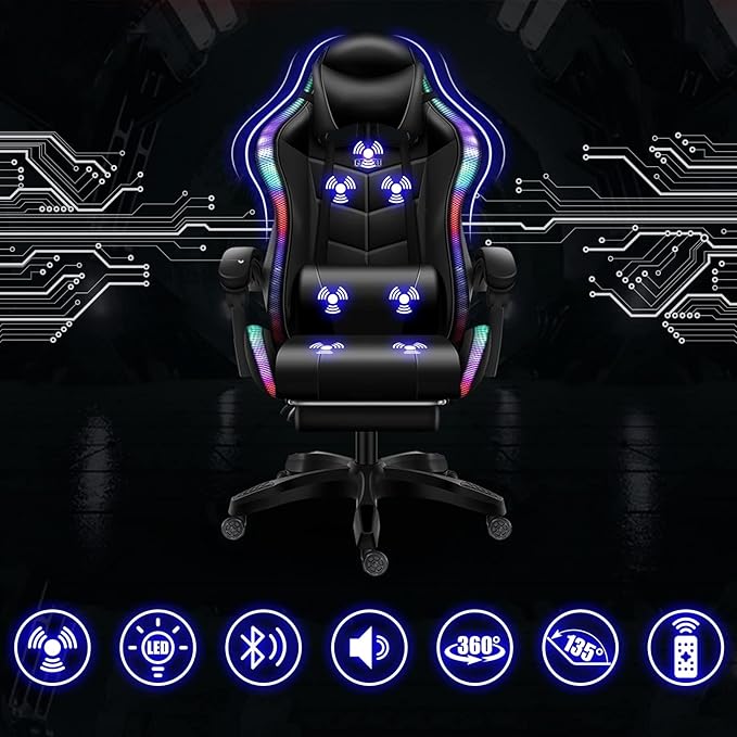 PC Computer Gaming ChairMusic Video Chair with Speakers and LED Lights Ergonomic Video Gamer Chair with Massage and Footrest Office Chair with Headrest and Lumbar SupportRacing Chair f