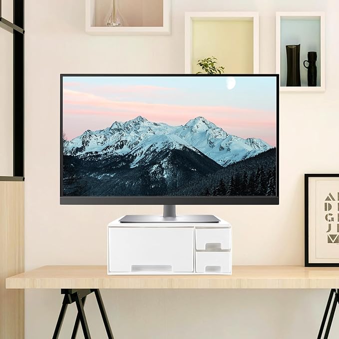 Multifunctional White Monitor Stand with Drawer Desk Riser for Office and Home Computer Screen Display Holder Space-Saving Organizer for Comfortable Viewing