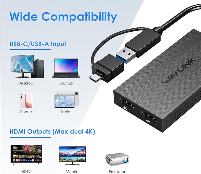 WAVLINK USB 3.0 or USB C to Dual HDMI 4K@60hz Splitter Extended Display for Dual Monitor Displaylink Adapter Two HDMI 4K 60Hz for Apple Mac M1-M5/Macbook Neo or Windows 10/11Driver Required