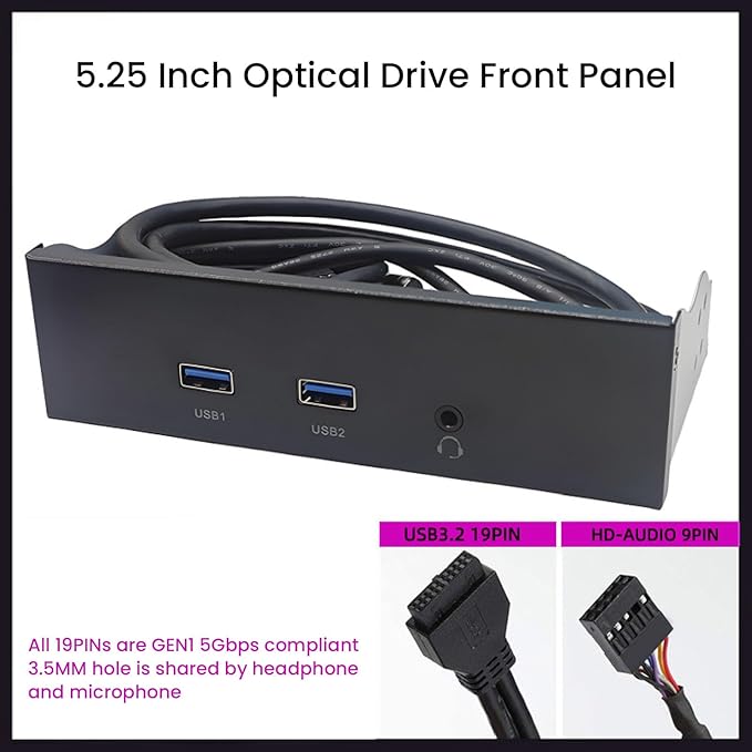 5.25 Inch Front Panel USB Hub 3 Port (2 USB Port + 1 HD Audio Port) 19 Pin Front Panel Adapter 5Gbps USB 3.2 GEN1 9 Pin Sound Internal USB Hub for Computer case