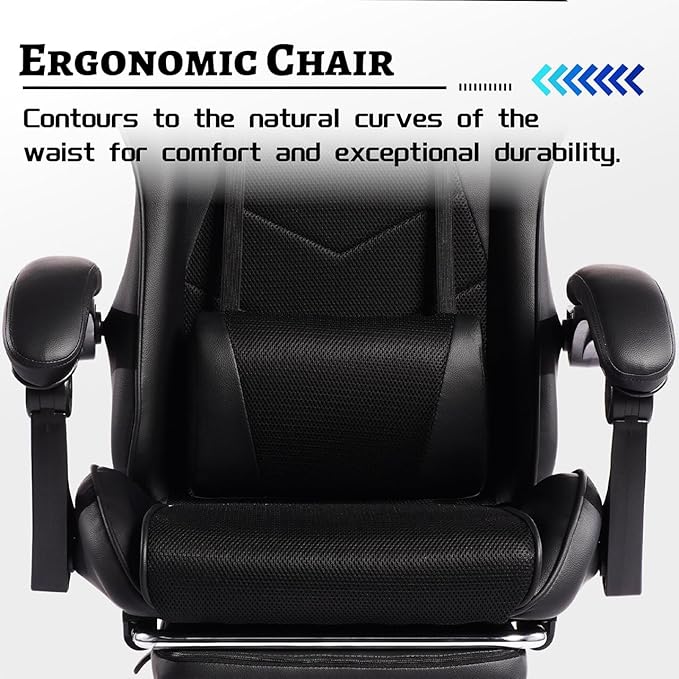 Gaming Desk Chair for Adults Ergonomic Gaming Chair with Footrest &amp Headrest and Lumbar Support Leather Material Height Adjustable Computer Video Game Chairs (Black Upgrade)