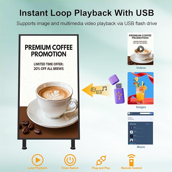 32 Digital Signage Display 700nits Portable Digital Signage Plug&ampPlay LCD Advertising Display CMS 24/7 Operation Split Screen HDMI/USB/WiFi/Android System Ideal for Restaurant/Cafe