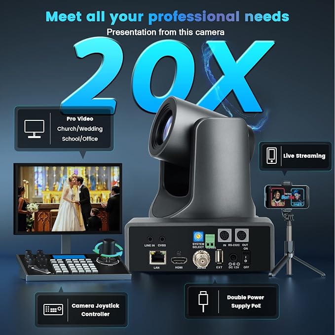 NDI PTZ Camera PTZ Camera with 20X Optical Zoom 1080p Live Streaming Supports NDI HX 4.6 HDMI SDI and USB Video Output for Church Video Conference and Live Production
