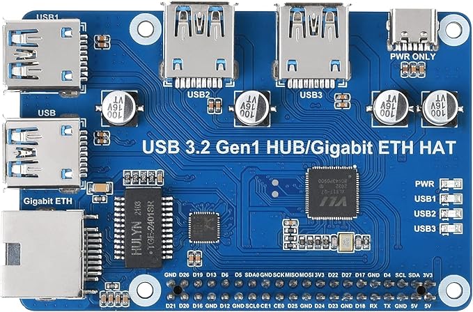 Waveshare USB 3.2 Gen1 and Gigabit Ethernet HUB HAT Compatible with Raspberry Pi Zero/Zero W/4B/3B/3B+ 3X USB 3.2 Gen1 1x Gigabit Ethernet No Driver Required