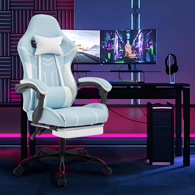 Blue Gaming Chair Ergonomic Computer Chair with Footrest ＆ Lumbar Support Height Adjustable Game Chairs with 360°-Swivel Seat and Headrest for Adults Office