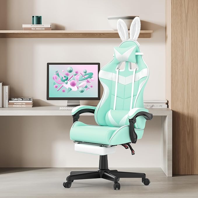 Huracan Gaming Computer Chair with Footrest Adjustable Video Game Chairs for Adults Heavy Duty Office Chair with Headrest and Lumbar Support Light Green