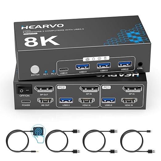 HDMI DisplayPort KVM Switch 2 Monitors 2 Computers 8K@60Hz Dual Monitor KVM Switcher with HDMI 2.1 &amp DisplayPort 1.4 USB 3.0 Hub HDCP 2.3 Compliant with Controller &amp 2 USB Cables -7240PH2