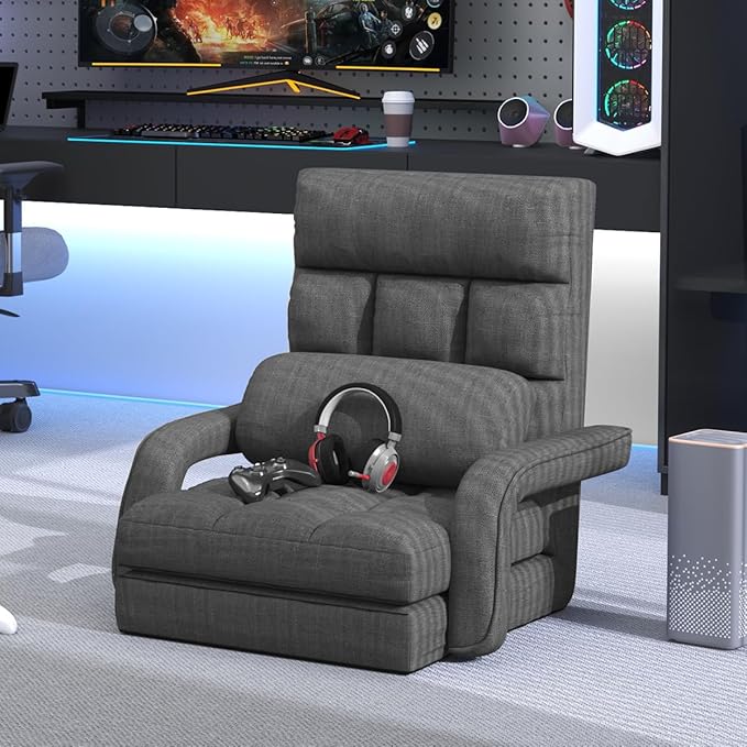 Floor Gaming Chair 6 Position Adjustable Indoor Chaise Lounge Chair for Teens Adults Padded Folding Meditation Sofa Chair with Armrests and Pillow Comfy Chair for Teens Adults Pets - Black