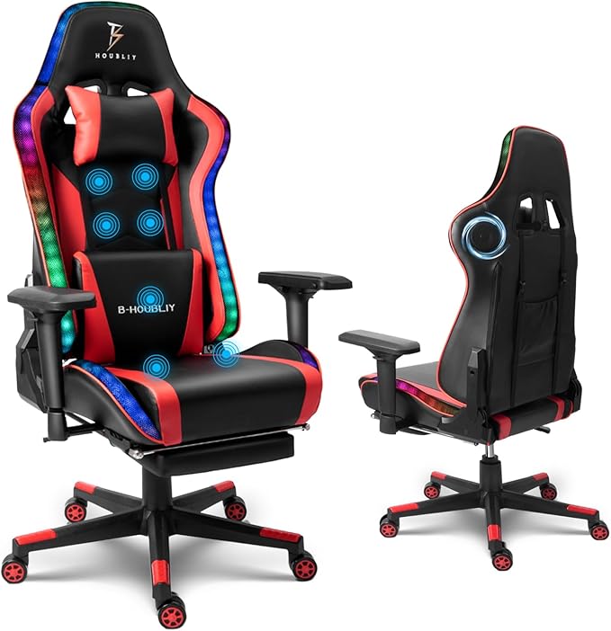 Ergonomic Pro Gaming Chair with LED Lights and Speakers Music Video Chair for Adults with Massage and Footrest High Back Computer Chair with Headrest and Lumbar Support 4D ArmrestRed