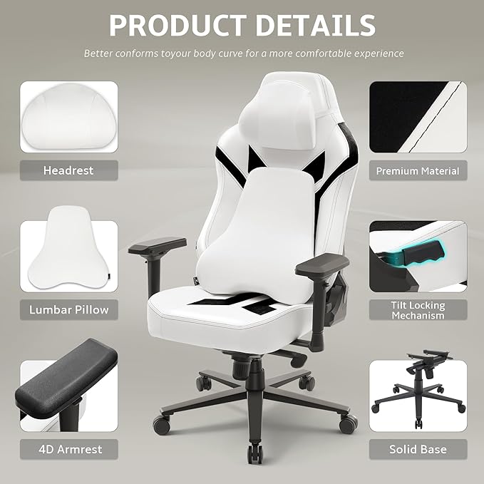 Ergonomic Gaming Chair Wyrdforging Computer Desk Chairs 4D Armrests High Back Office Chair With Headrest &amp Lumbar Pillow Tilt Rocker Recliner Heavy-Duty Base White PU Leather &amp Black Sue