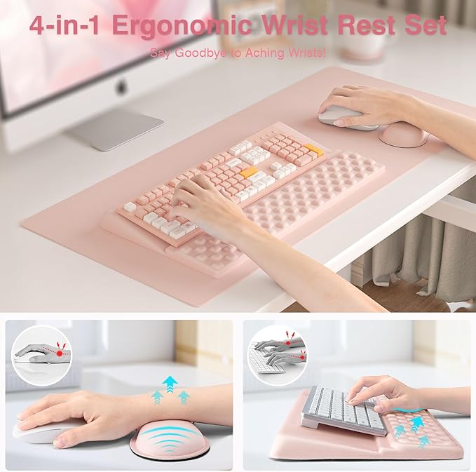 Ospelelf Keyboard Stand Wrist Rest Pad and Ergonomic Mouse Pad Set with Large Mousepad Desk Mat Memory Foam Comfort Premium Office Desk Accessories for Pain Relief and Efficiency Pink