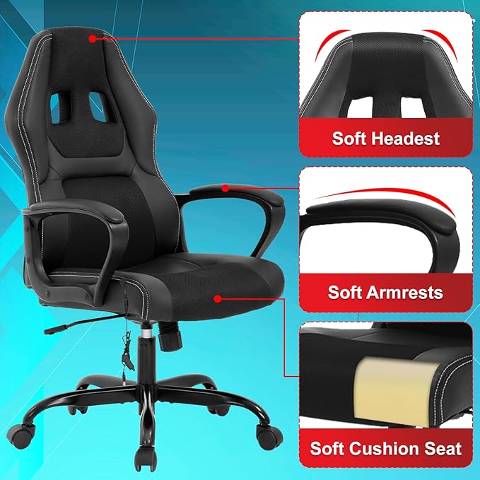 Gaming Chair with Massage Function PU Leather Chairs Ergonomic Office Chair Executive Computer Chairs High Back Computer Task with Lumbar Support Adjustable Height Black
