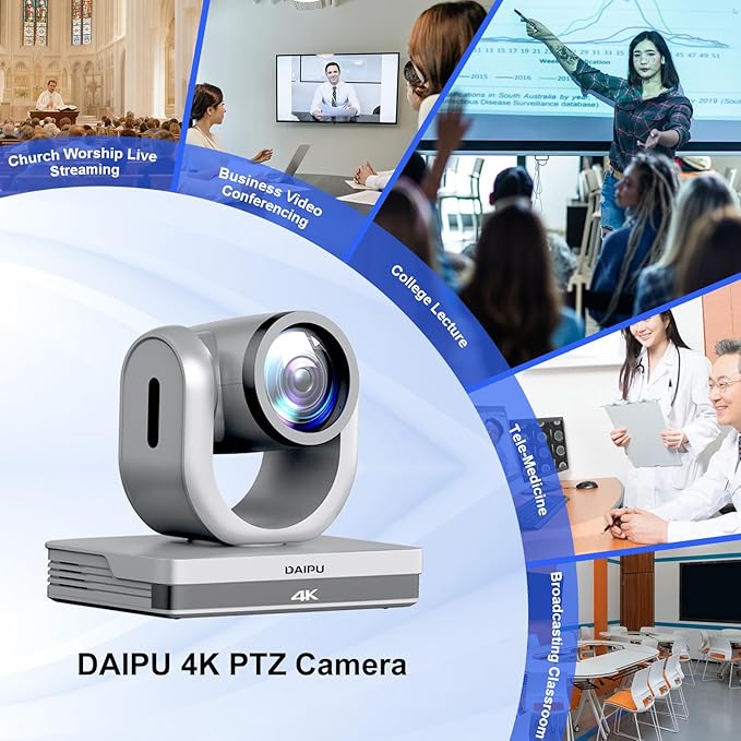 PTZ Camera 4K 12X Optical Zoom Conference Room Camera HDMI USB3.0 LAN PoE AI Auto Tracking 1/2.8 8.29MP CMOS Sensor 255 Presets for Church Worship Live Streaming Business Video Conference