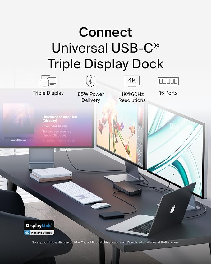 Belkin 15-in-1 Universal Triple Display DisplayLink Docking Station Hub w/ 3 HDMI Ports 2 DisplayPorts for Triple 4K Display w/ 85W PD 3.5mm Mic/Speaker 1 USB-C &amp 5 USB-A Ports Black