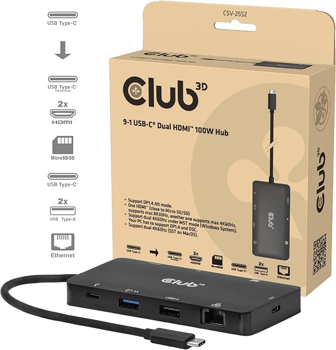 Club3D CSV-2552 9-1 USB-C® Dual HDMI™ 100W Hub