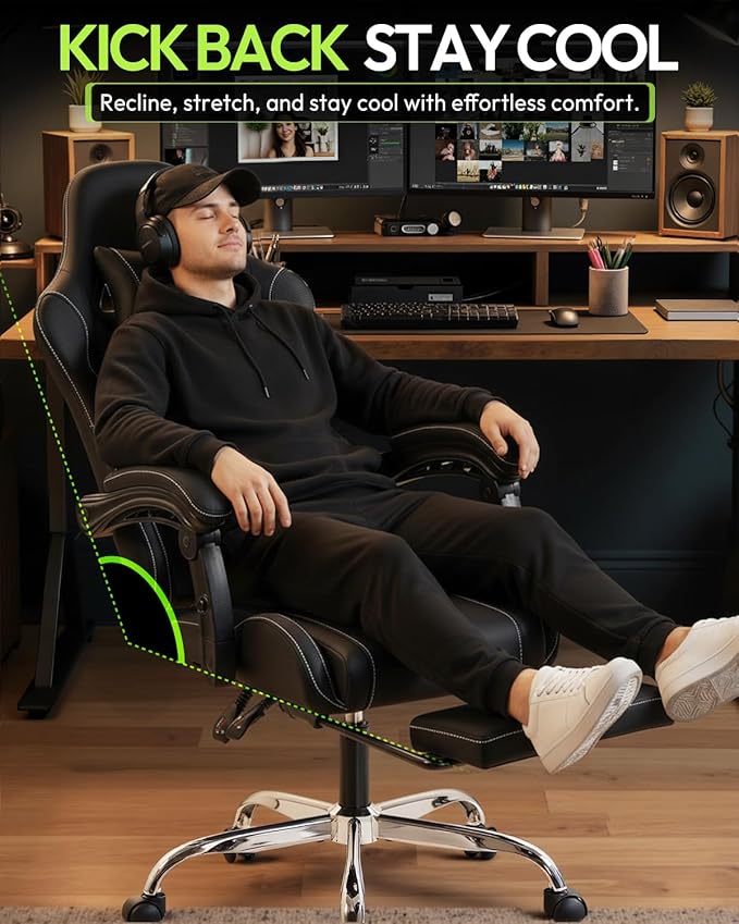 Dowinx Ergonomic Gaming Chair with Footrest &amp Massage Lumbar 2D-Linkage Armrests for Computer Chair 330lbs with Headrest Pillow for Office Home Streaming and Long Gaming Sessions Black