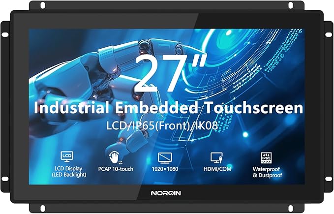 27 Inch Industrial Embedded IP65 Touchscreen Monitor - Open FrameVESA Mount10-Point Capacitive TouchFHD 1920×1080 LCD DisplayHDMI/VGA/DVI/USB Portsfor Vending Terminal Kiosk &amp HMI