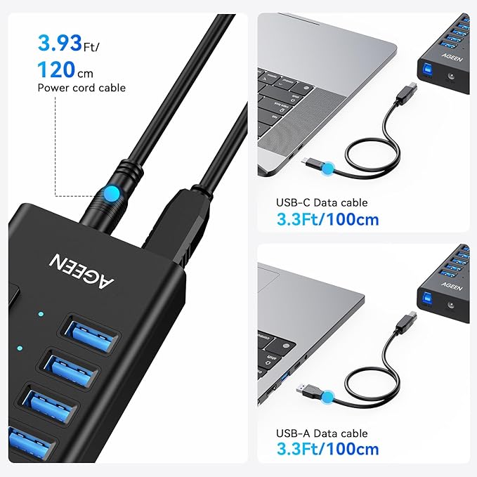 AGEEN 16-Port USB 3.2 Gen 2 Hub 10Gbps High-Speed Aluminum Powered Hub with 96W Adapter Individual Switches &amp Surge Protection for PC/Laptop Flash Drive Printer Camera