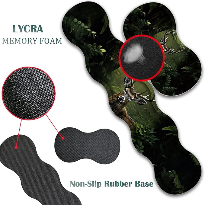 4 in 1 Mouse Pad Combo Large Gaming Mouse Pad + Keyboard Wrist Support + Mouse Wrist Rest + Coaster Table Pad 31.5 x 11.8 with Memory Foam Ergonomic Wrist Pad Set Camouflage Forest Deer
