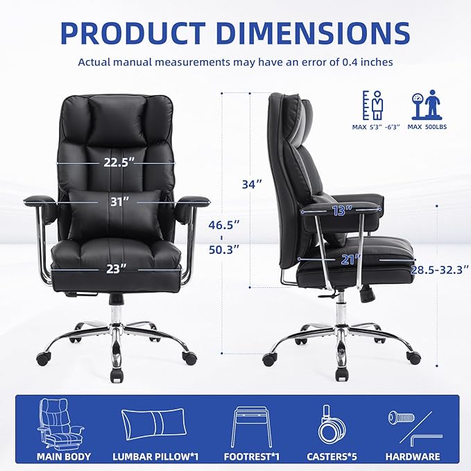 Big and Tall Office Chair 400lbs Wide Seat Executive Office Desk Chair High Back Computer Gaming ChairLumbar Support Computer Chair for Heavy PeopleBlack