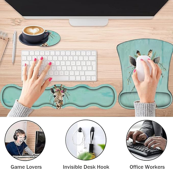 Keyboard Wrist Rest + Mouse Wrist Rest + Coaster + Invisible Hook Set Ergonomic Mouse Pad Wrist Pain Relief and Non-Slip Base Design Suitable for Office and Home Green Rustic Wood and Giraffe