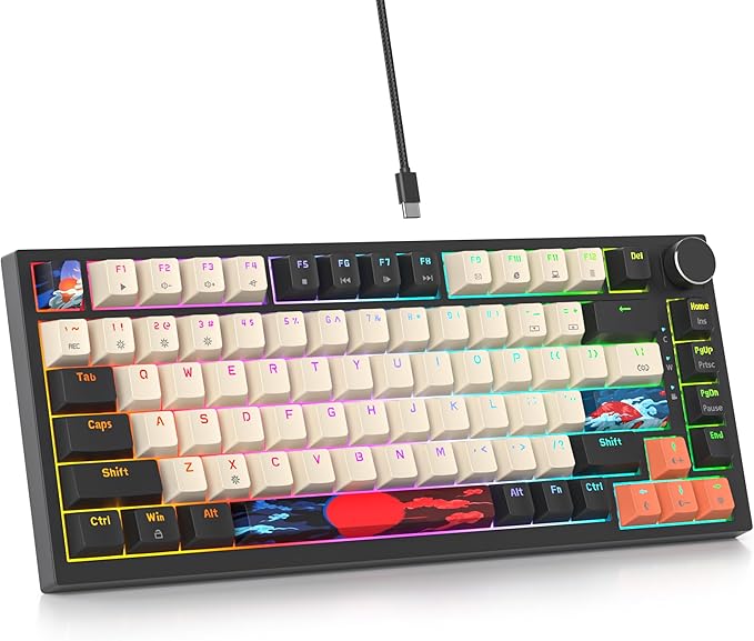 75 Percent Keyboard Gasket-Mounted with Sound Absorbing Pads 82-Key Compact Wired RGB Mechanical Gaming Keyboard Hot-Swap Socket for Win Carbon