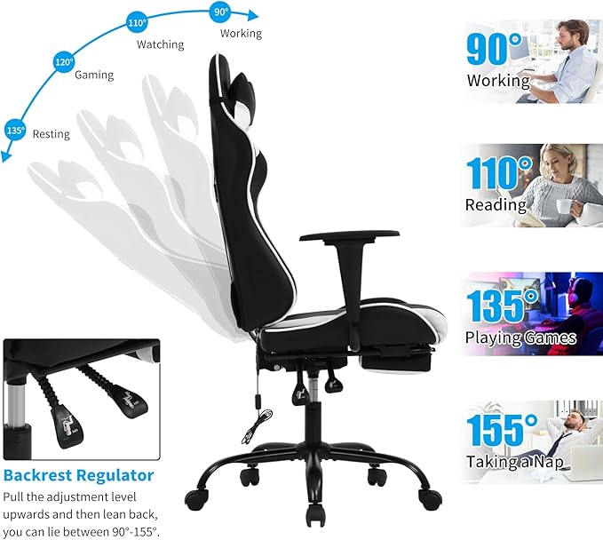BLKMTY Massage Gaming Chair with Footrest Ergonomic Office Chair Racing Computer Chairs PU Leather with High Back Lumbar Support Headrest Reclining Chairs White