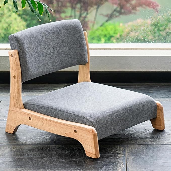 BTZHY Floor Chair Wooden Tatami Chair Floor Chair with Upholstery Lazy Susan Meditation Floor Seat for Bay Window Living Room Bedroom(Grey Cotton LinenWood)