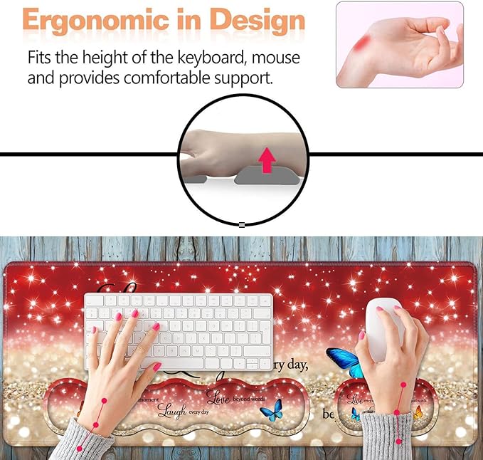 Ergonomic Keyboard Wrist Rest &amp Mouse Pad Wrist Rest SetLarge XXL Gaming Desk Mat 31.5x 11.8Non-Slip Base Memory FoamEasy Typing Pain Relief for Office &amp HomeRed Glitter Quote Live Laug