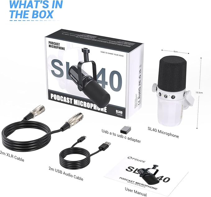 FDUCE SL40 Dynamic Microphone for Podcasting Gaming Live Streaming and Recording Built-in Headphone Output LED Mute Button All-Metal USB/XLR Voice Isolation Technology (White)