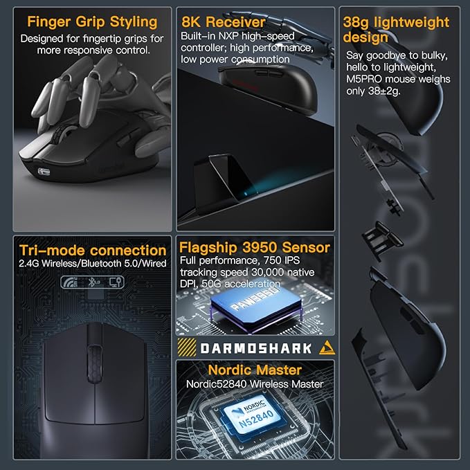 Darmoshark M5PRO Mini Wireless Gaming MouseTri-Mode 8K/Bluetooth Mouse Up to 30000DPIPAW3950 Optical Sensor Lightweight 38g5 programmable ButtonComputer Mouse for LaptopPCMac-Black