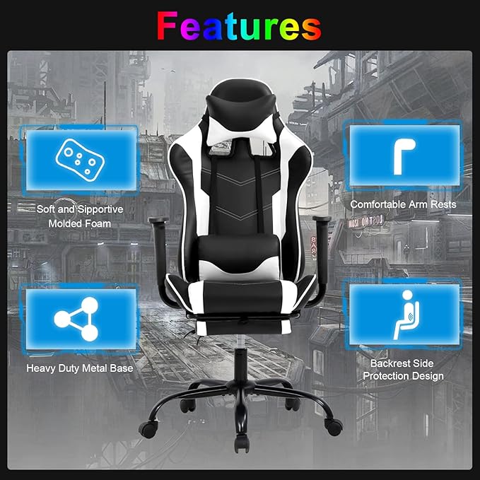 Gaming Chair Computer Chair Ergonomic Gaming Chair with Footrest Reclining High Back Video Game Chair with Lumbar Support Headrest Armrest Swivel Seat for Teen (White)