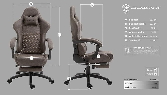 Dowinx Gaming Chair Big and Tall Ergonomic Game Chair for Adults with Footrest and Massage Lumbar Support High Back Computer Gamer Chair PU Leather 350Lbs for Office Home Brown