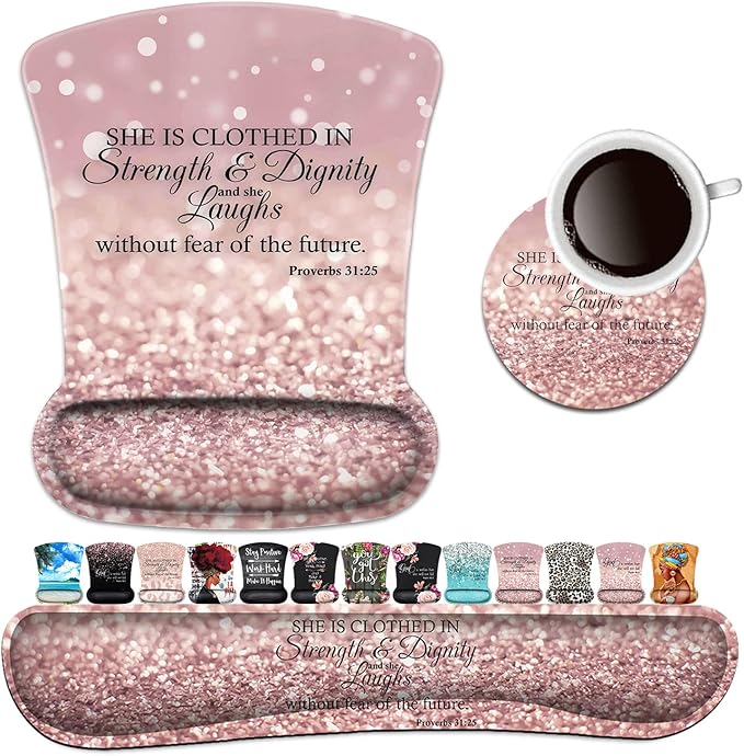 Keyboard Wrist Rest Pad and Ergonomic Mouse Pad Wrist Support Set Proverbs 31:25 Bible Verse Pink Design for Gaming Office Comfortable and Pain Relief with Coaster Set
