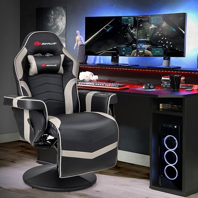 Goplus Gaming Chair Height Adjustable Massage Video Game Chair with Retractable Footrest Cup Holder Headrest Swivel Office Chair Racing Style Swivel Gamer Chair