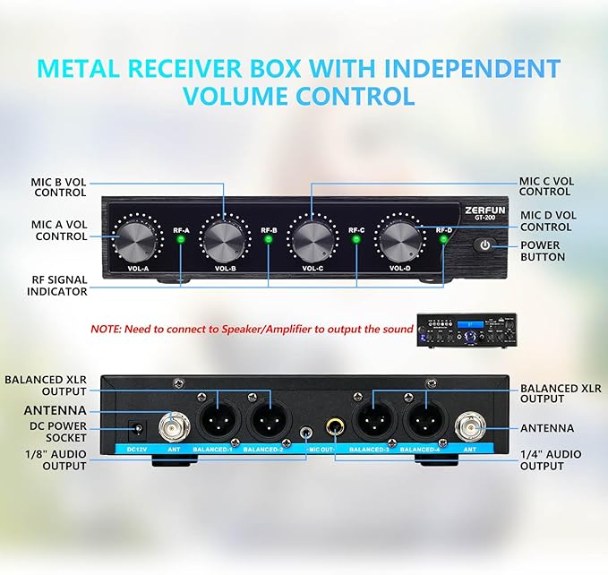 Rechargeable Wireless Microphone System 4 Channel Pro UHF Metal Handheld Wireless Mics Cordless for Church Karaoke Singing with Echo Treble BASS VOL Channel Control(GT-200)
