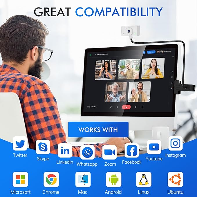 Webcam for PC Laptop Camera USB Webcam with Adjustable Gooseneck Flexible Positioning 1080P Computer Camera for Presentation Desktop Demo Full-Body View Video Call Zoom Teams Skype (White)