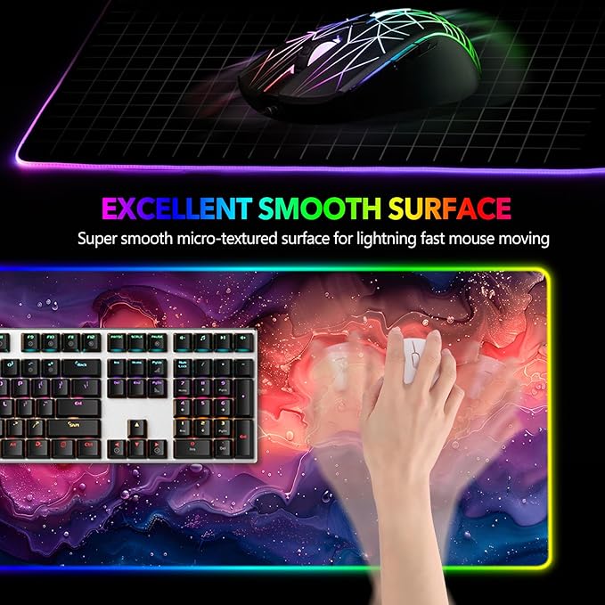 AIMSA Extra Large RGB Gaming Mouse Pad with 14 Light Modes Extended LED Mouse Pad Anti-Slip Rubber Base Computer Keyboard Mousepad Mat Abstract Purple Marble