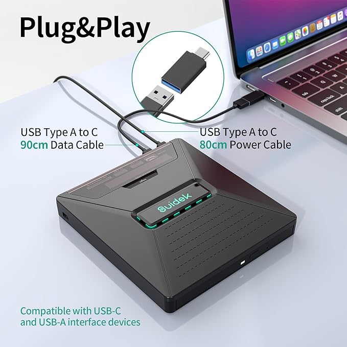 CD DVD Drive External Portable CD DVD Driver +/-RW Burner with 2.5 SATASD Card Reader and USB A Type C 2.0 Hub Compatible with Laptop PC
