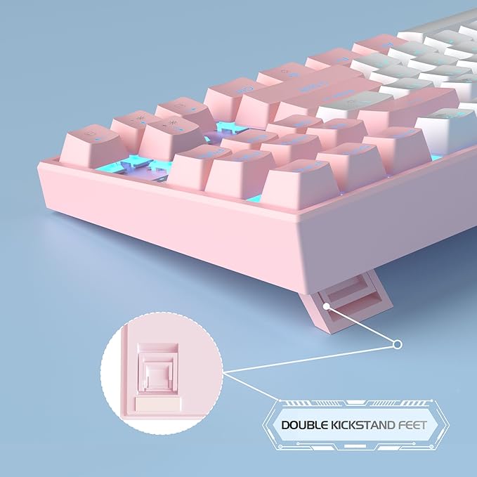 MageGee 75% Mechanical Gaming Keyboard Red Switch LED Blue Backlit 87 Keys Compact TKL Wired Computer Keyboards for Windows Laptop PC Gamer - White/Pink