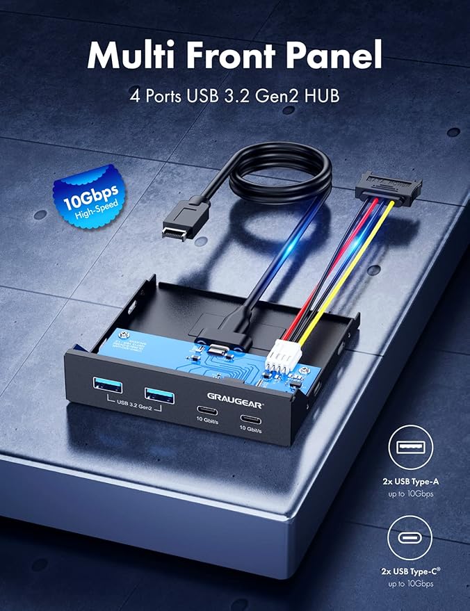 GRAUGEAR 3.5 Inch Front Panel Hub 4 Ports Internal Metal USB Hub 2X USB-C 10Gbps and 2X USB 3.2 Gen 2 Ports USB3.2 Type-E Key-A 20-Pin Header &amp 15-Pin SATA Power Connector Required [G-MP02]