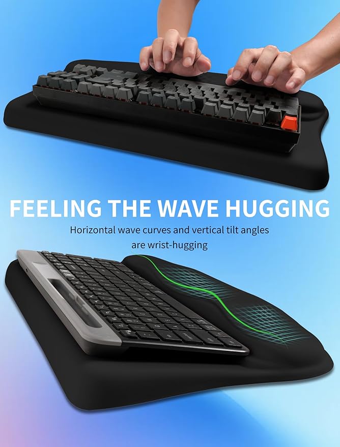 Ergonomic Wave Wrist Rest with Keyboard Stand Cushioned Palm Rest Comfortable Integrated Memory Foam for Natural Typing and Relieve Wrist Pain Dark Night Black