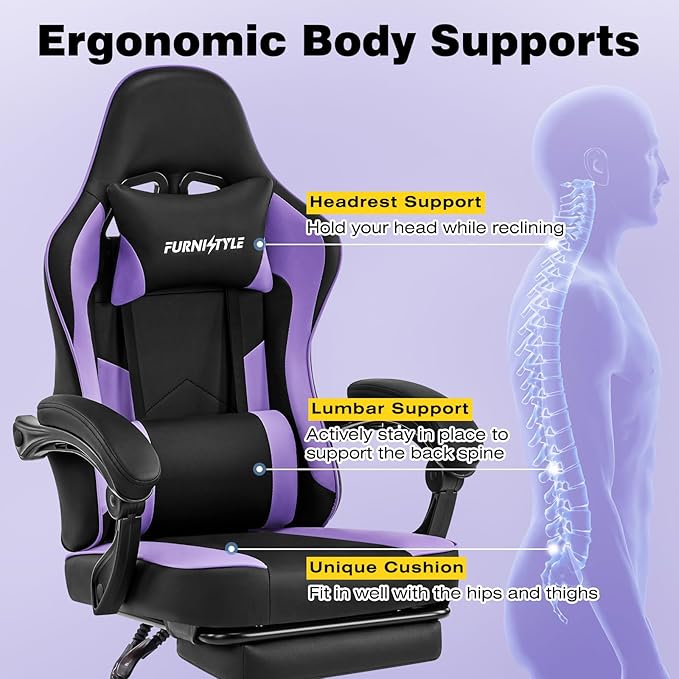 Gaming Chair Purple Gaming Chairs for Adults Teens High-Back Ergonomic Computer Chair with Extended Footrest Removable Headrest &amp Lumbar Support Wide PU Leather Reclining Desk Chair