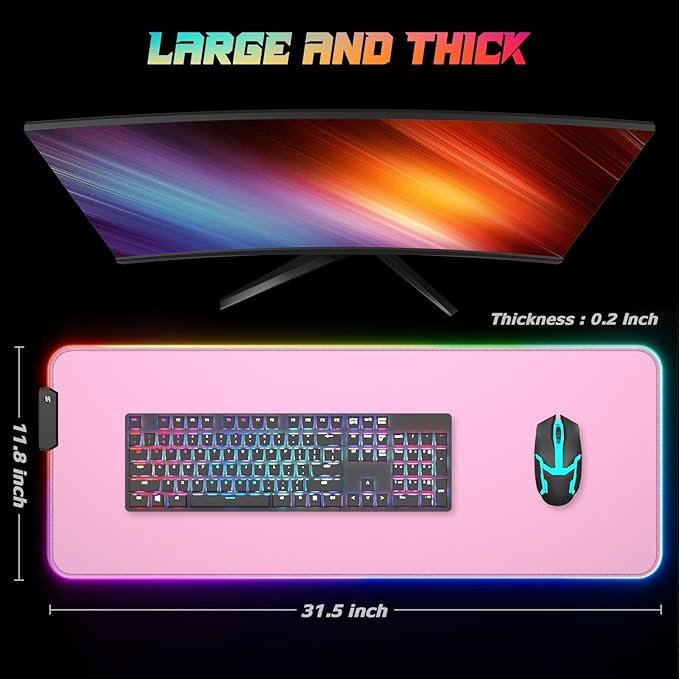 ITNRSIIET RGB Gaming Mouse Pad Full Desk XL Extended Large Gaming Mousepad 12 Lighting Modes 30% Thicker Big LED Desk Mat for Gamers 32 x 12 inches Pink
