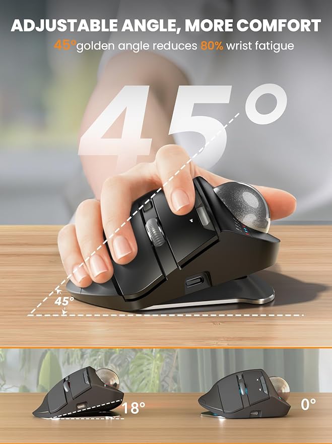 SABLUTE MAM1 Pro Wireless Trackball Mouse Hard Travel Case (Include) Ergonomic Bluetooth Rechargeable Computer Mice with 5 Level DPI Adjustable Angle 3 Devices Connection for PC Mac Windows