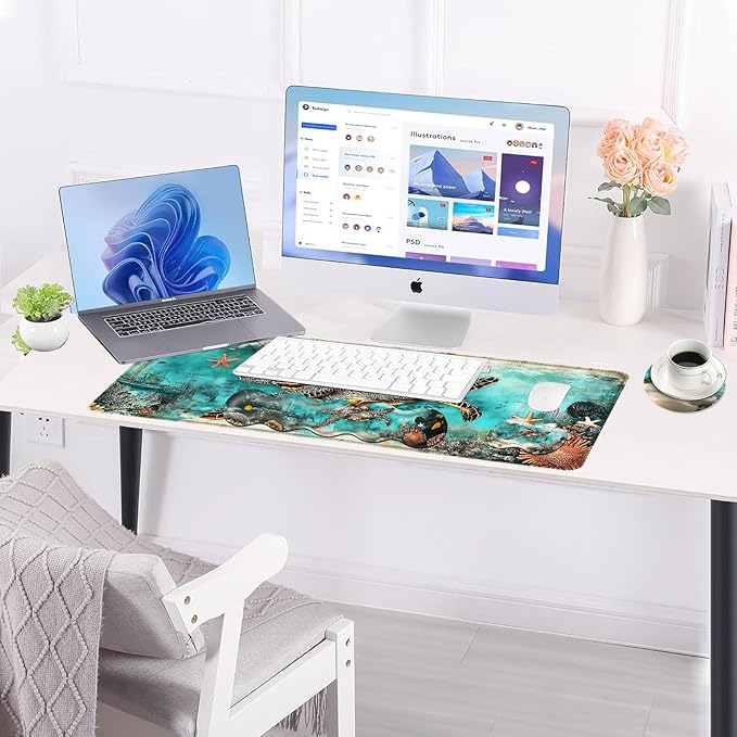 Large Keyboard Mouse Pad Set Extended Mouse Pad+Keyboard Wrist Rest Support Memory Foam Ergonomic Easy Typing 4Pcs (31.5×11.8 in) Desk Pad Set for Office HomeWatercolor Sea Turtle