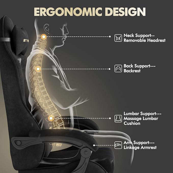 Soontrans Black Velvet Fabric Gaming Chair with Footrest Reclining Office Computer Desk Game Chairs with Massage Lumbar CushionHeadrestErgonomic Comfortable Video Gamer Chair for Adult