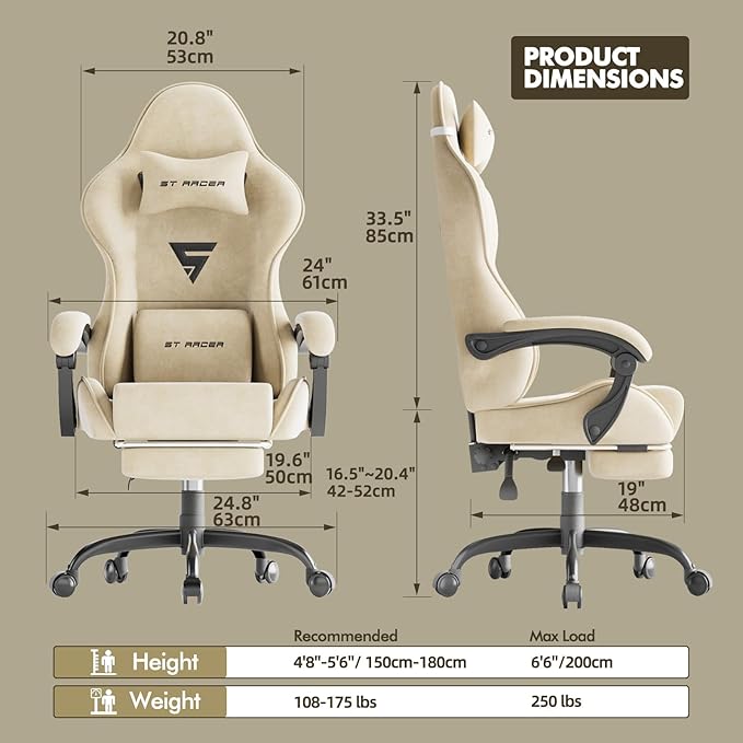 Ferghana Velvet Fabric Ergonomic Gaming Chair with Footrest and Massage High Back Reclining Computer Gamer Chair for Adult Racing Style PC Video Game Chair Suitable for Home Office (Beige)