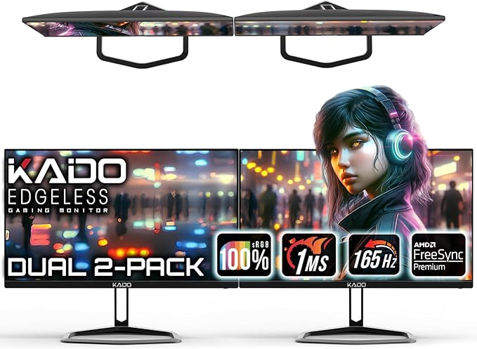Kado 25 Class Dual Gaming Monitor Setup - 2-Pack 24.5 165Hz 1ms 1920x1080 Flat Screen Computer Monitor Parallel Gaming AMD FreeSync Premium Panoramic VESA Mount HDMI DisplayPort Built-in Speakers