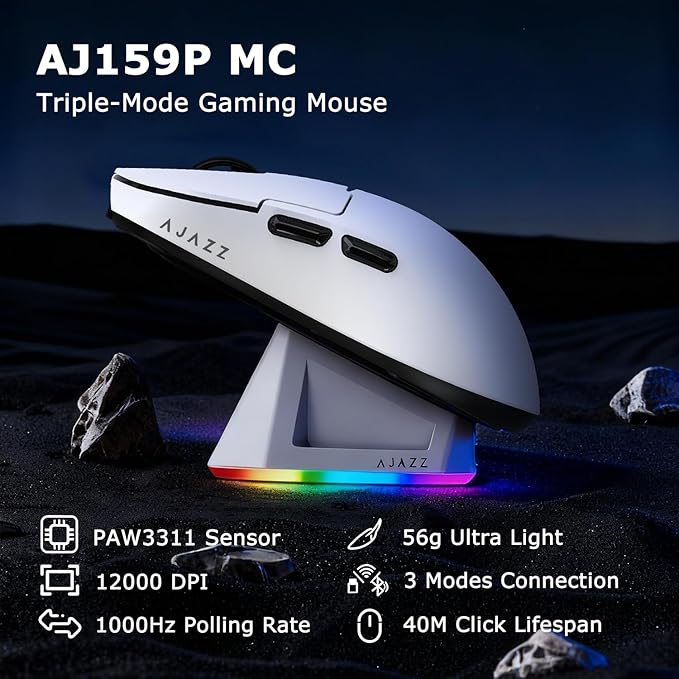 AJ159P MC Wireless Gaming Mouse 12000 DPI Tri-Mode 2.4G/Bluetooth/Wired Magnetic RGB Charging Dock 56g Ultra-Light Programmable 6 Buttons - Perfect for Gaming Work &amp Travel (White)